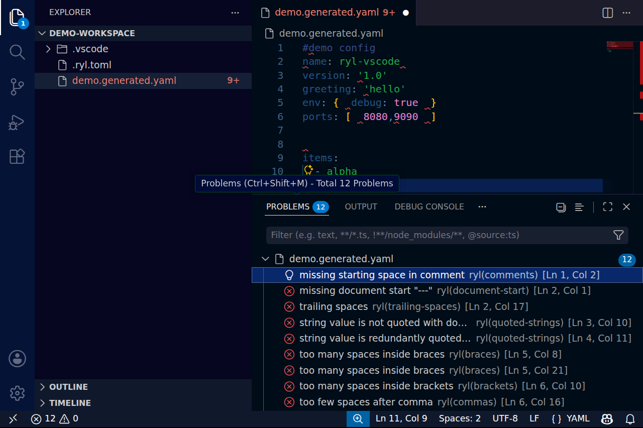 ryl flagging YAML problems inline (red squiggles) in VS Code